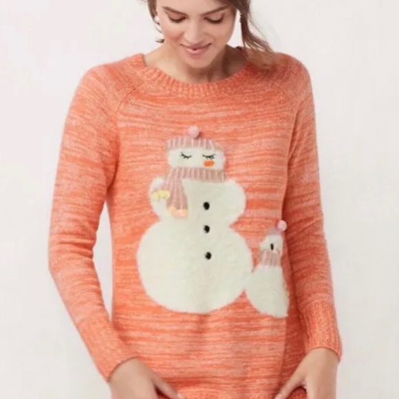 LC LAUREN CONRAD Peach Snowman Family Holiday Christmas Tunic Sweater Small - Picture 2 of 5